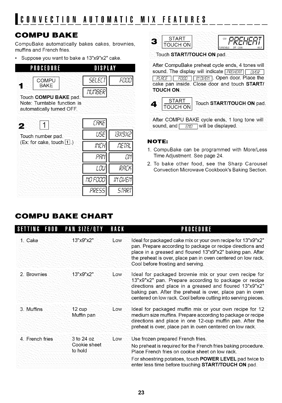 Ly 11ejj ill i lu j1 di _ili i jj a l"j 1 i, Compu bake, Procedure | Splay, Compu bake chart, Setting food pan size/qty rack | Sharp Carousel R-1875 User Manual | Page 24 / 31