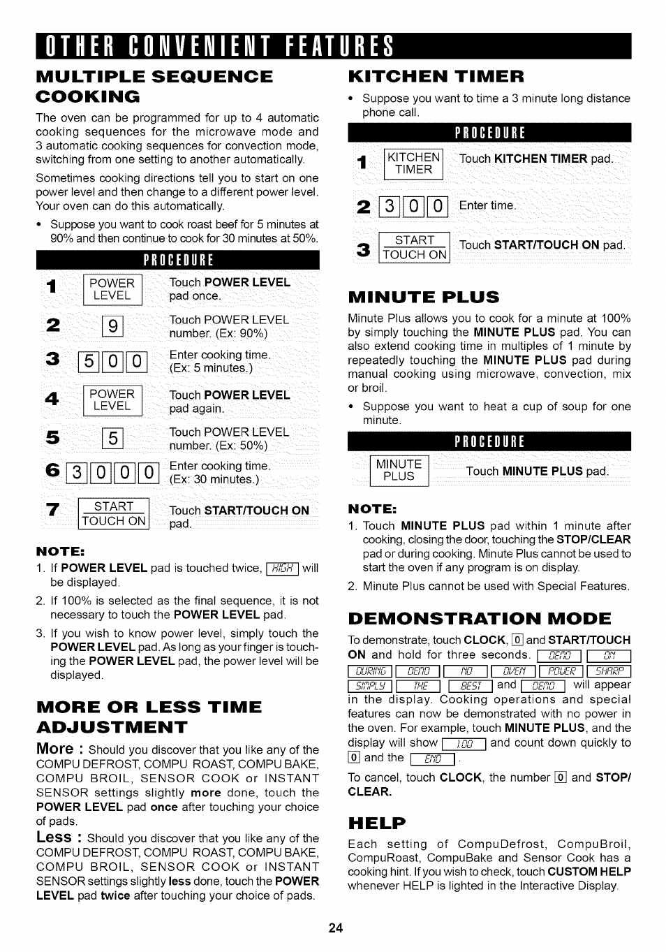 Other convenient eeatores, Multiple sequence cooking, Procedure | Touch start/touch on, More or less time adjustment, Kitchen timer, Minute plus, Demonstration mode, Help, Бгз1го1гб1го | Sharp Carousel R-1875 User Manual | Page 25 / 31