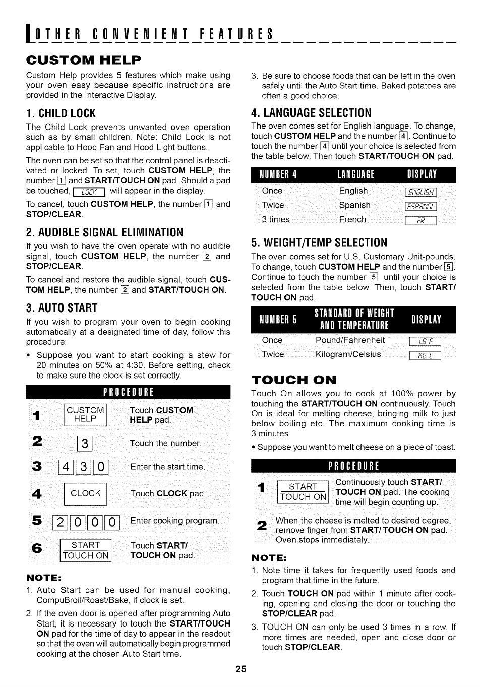Lui ll1loj1 ly ij j il“j 1l, Custom help, Child lock | Audible signal elimination, Auto start, Procedure, Language selection, Weight/temp selection, Numrer s, Standard of weight and temperature | Sharp Carousel R-1875 User Manual | Page 26 / 31