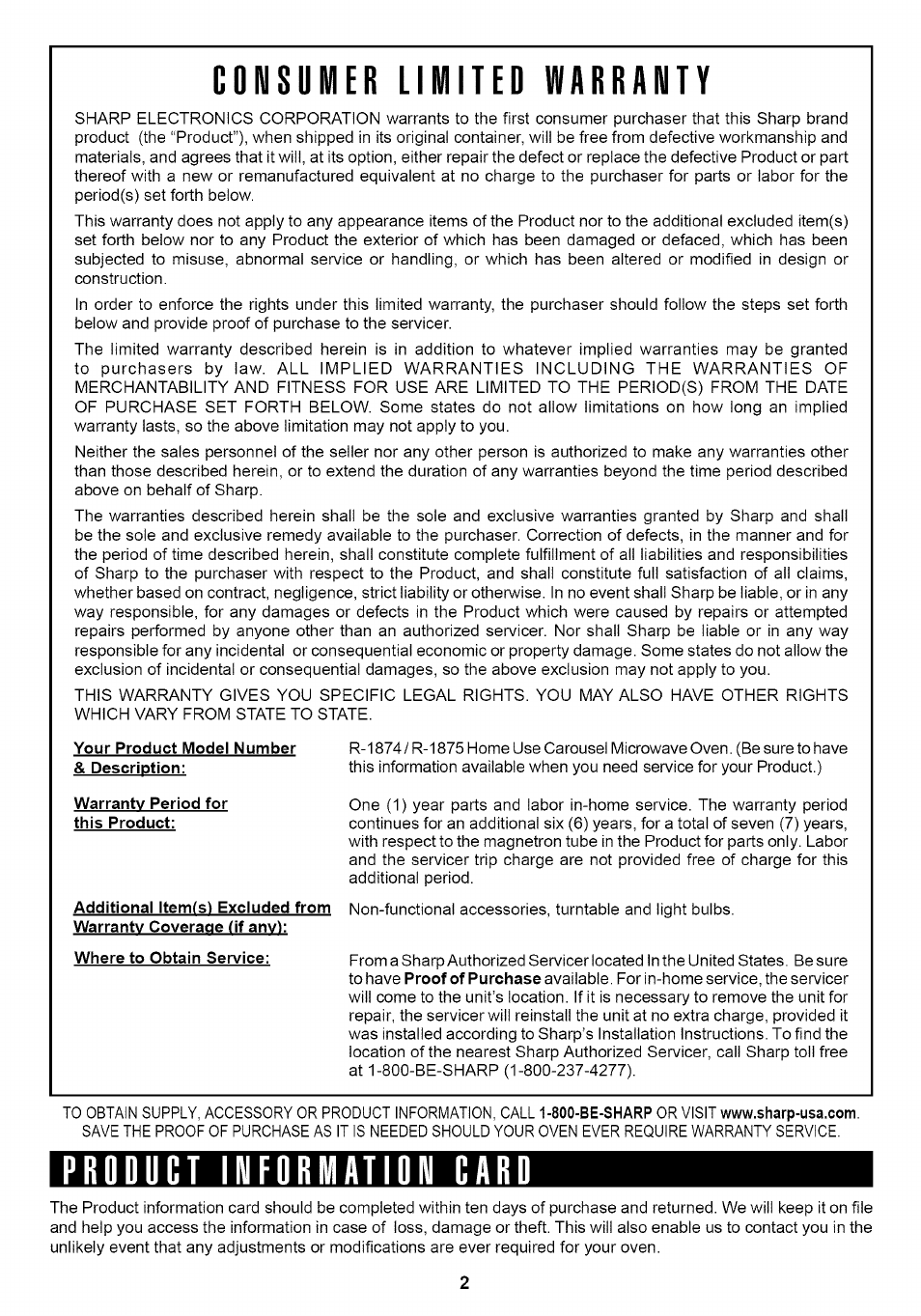 Consumer limited warranty, Product information card | Sharp Carousel R-1875 User Manual | Page 3 / 31