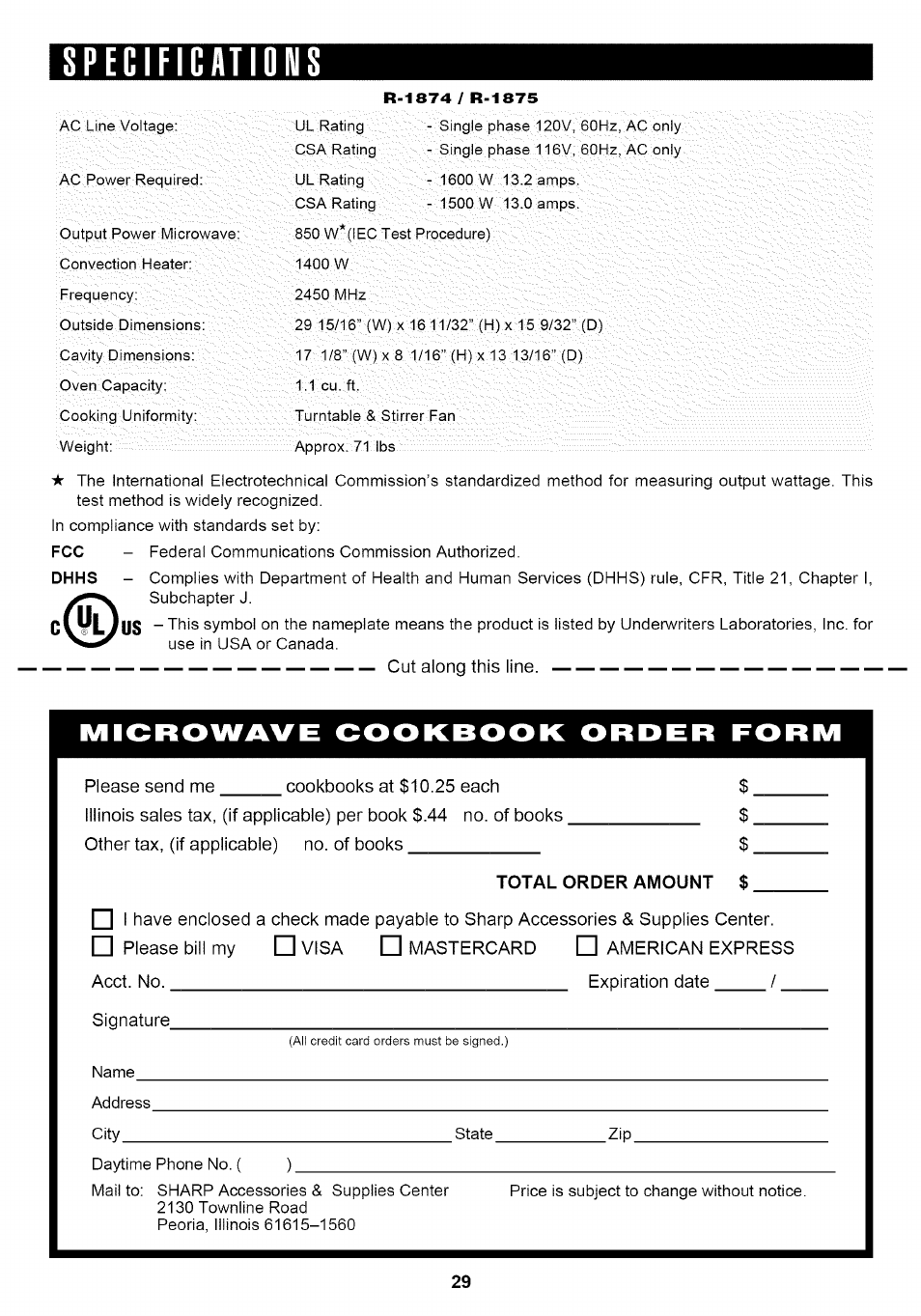 Specifications, Microwave cookbook order form | Sharp Carousel R-1875 User Manual | Page 30 / 31