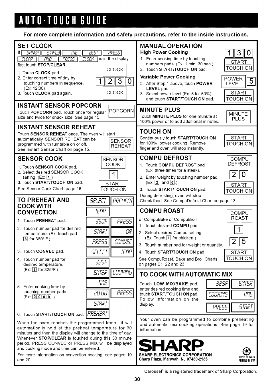 Auto-touch guide, Touch start/touch on pad, Sharp | Prehefli | Sharp Carousel R-1875 User Manual | Page 31 / 31