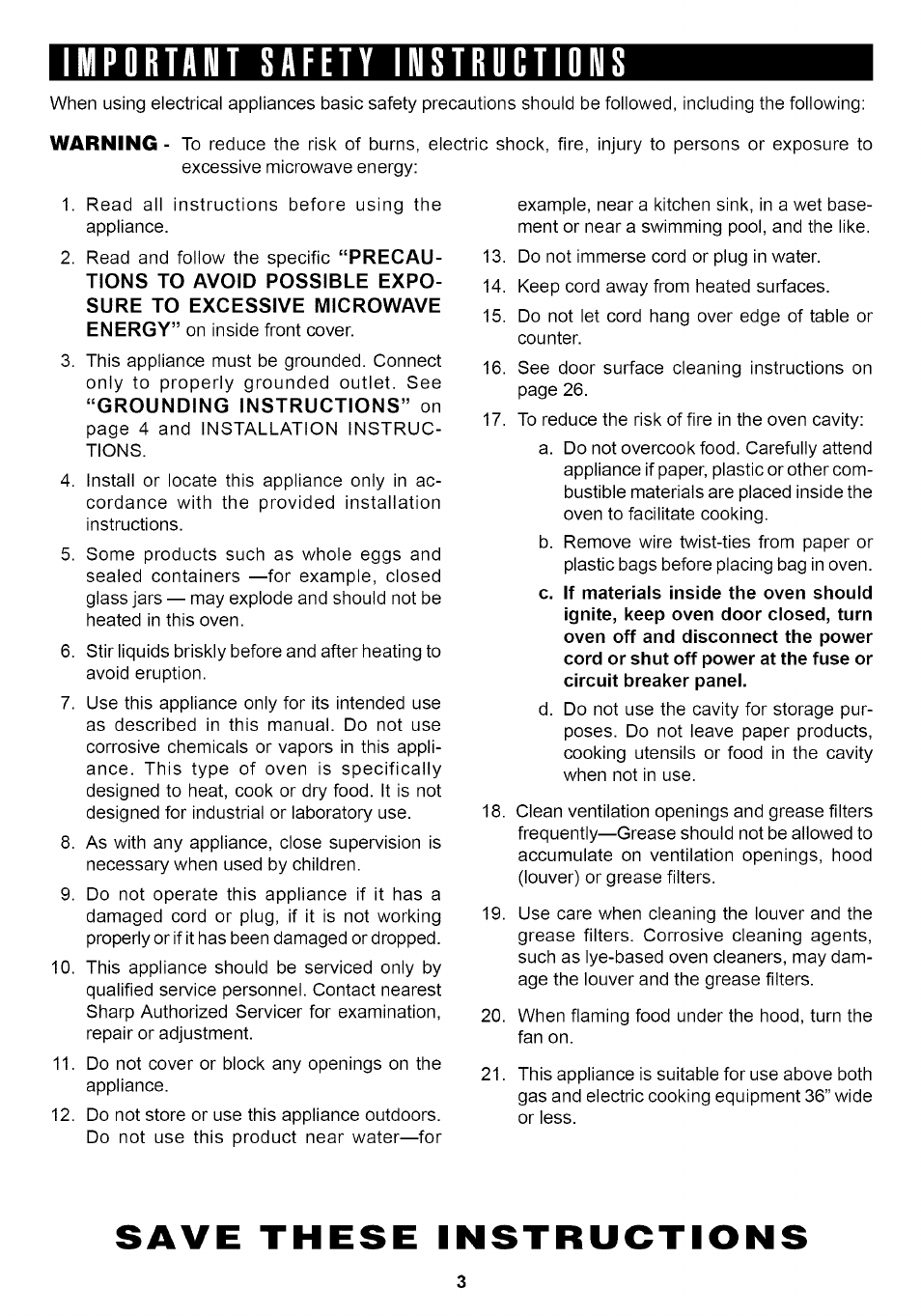 Important safety instructions, Save these instructions, Warning | Sharp Carousel R-1875 User Manual | Page 4 / 31