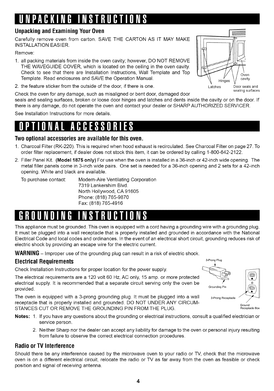 Unpacking ingtructiong, Unpacking and examining your oven, Optional accegsories | Grounding instructions, Electrical requirements, Radio or tv interference | Sharp Carousel R-1875 User Manual | Page 5 / 31