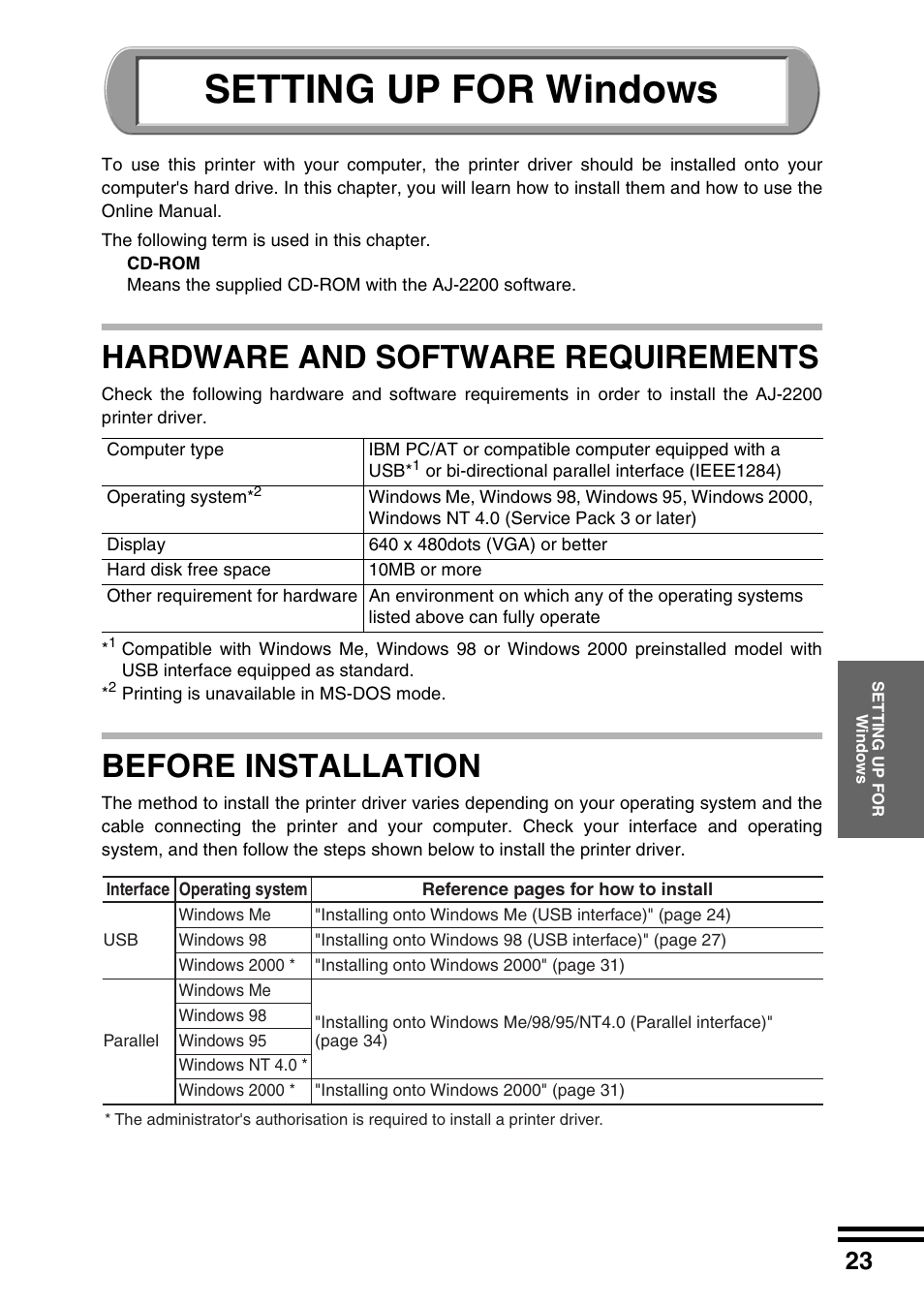 Setting up for windows, Hardware and software requirements, Before installation | Sharp AJ-2200 User Manual | Page 25 / 55