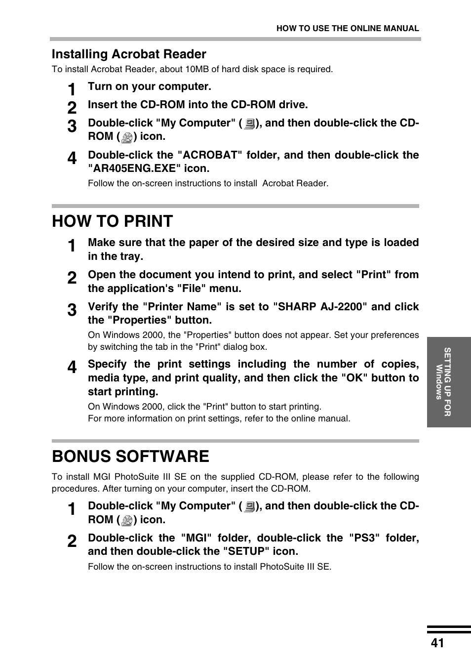 How to print, Bonus software | Sharp AJ-2200 User Manual | Page 43 / 55