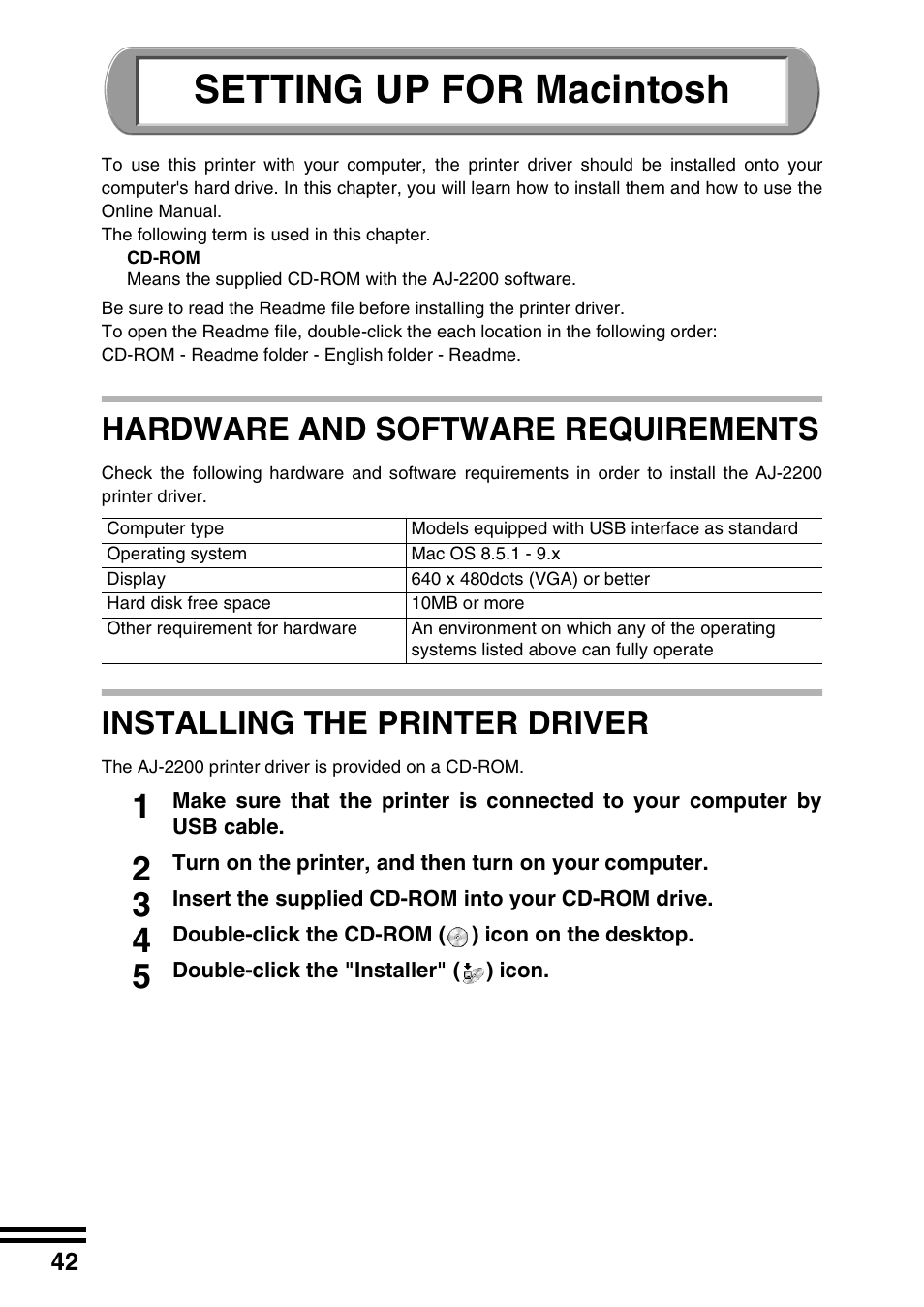 Setting up for macintosh, Hardware and software requirements, Installing the printer driver | Sharp AJ-2200 User Manual | Page 44 / 55