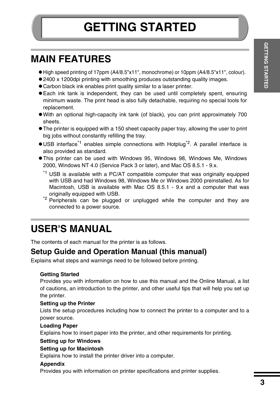 Getting started, Main features, User's manual | Setup guide and operation manual (this manual) | Sharp AJ-2200 User Manual | Page 5 / 55