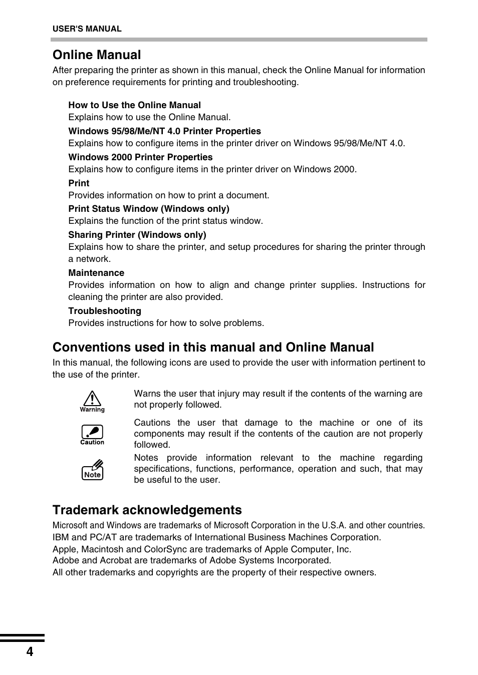 Online manual, Conventions used in this manual and online manual, Trademark acknowledgements | Sharp AJ-2200 User Manual | Page 6 / 55