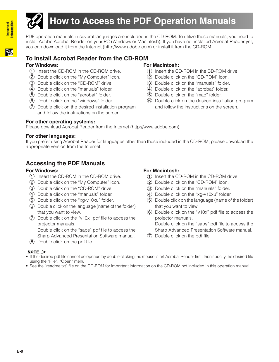 How to access the pdf operation manuals, How to access the pdf operation, Manuals | Accessing the pdf manuals | Sharp XG-V10XU User Manual | Page 10 / 90
