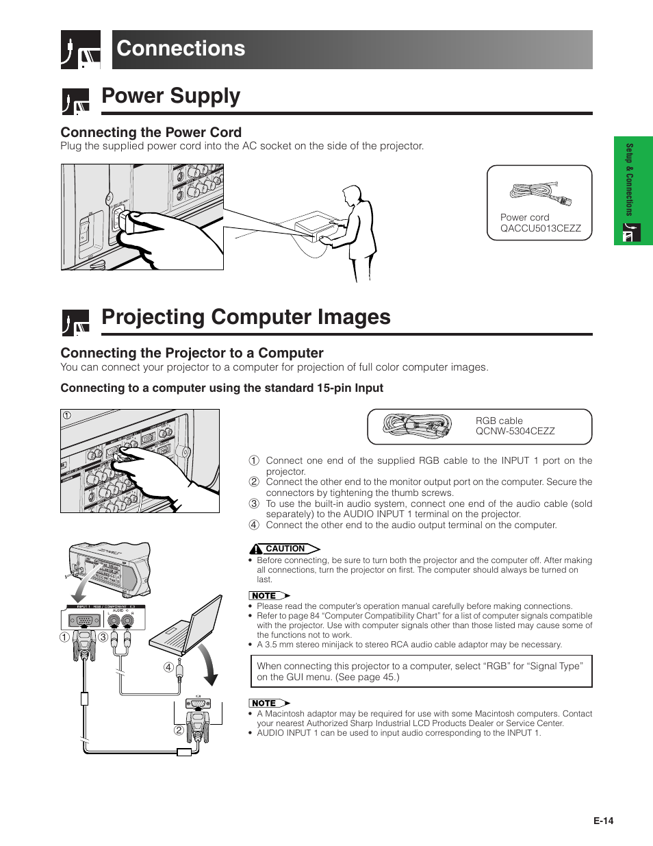 Setup & connections, Connections, Power supply | Projecting computer images, Power supply projecting computer images, Connecting the power cord, Connecting the projector to a computer | Sharp XG-V10XU User Manual | Page 15 / 90