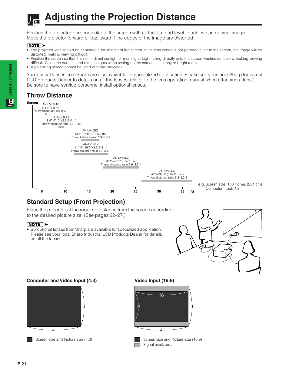 Adjusting the projection distance, Throw distance, Standard setup (front projection) | Video input (16:9), Computer and video input (4:3) | Sharp XG-V10XU User Manual | Page 22 / 90