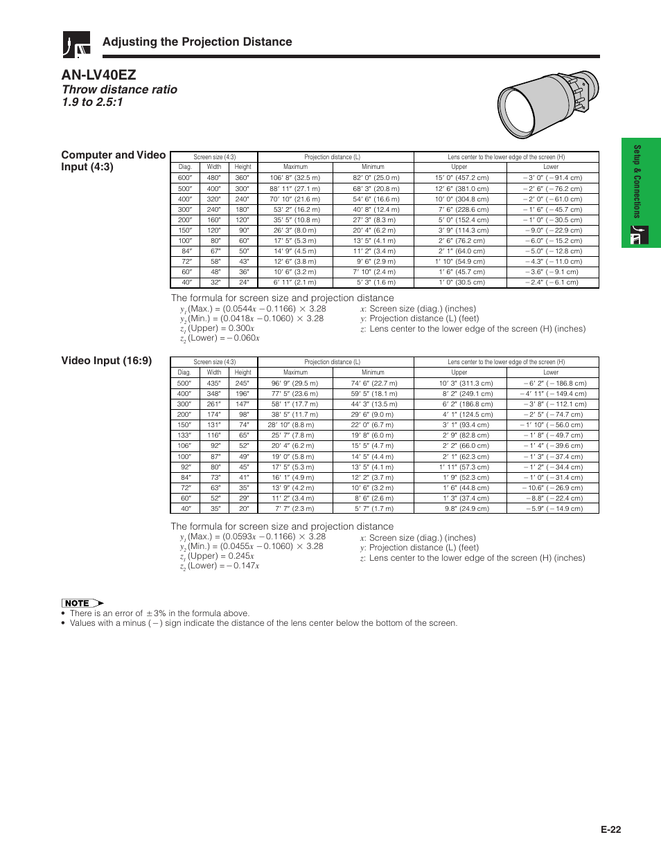 An-lv40ez, Adjusting the projection distance, E-22 | Sharp XG-V10XU User Manual | Page 23 / 90
