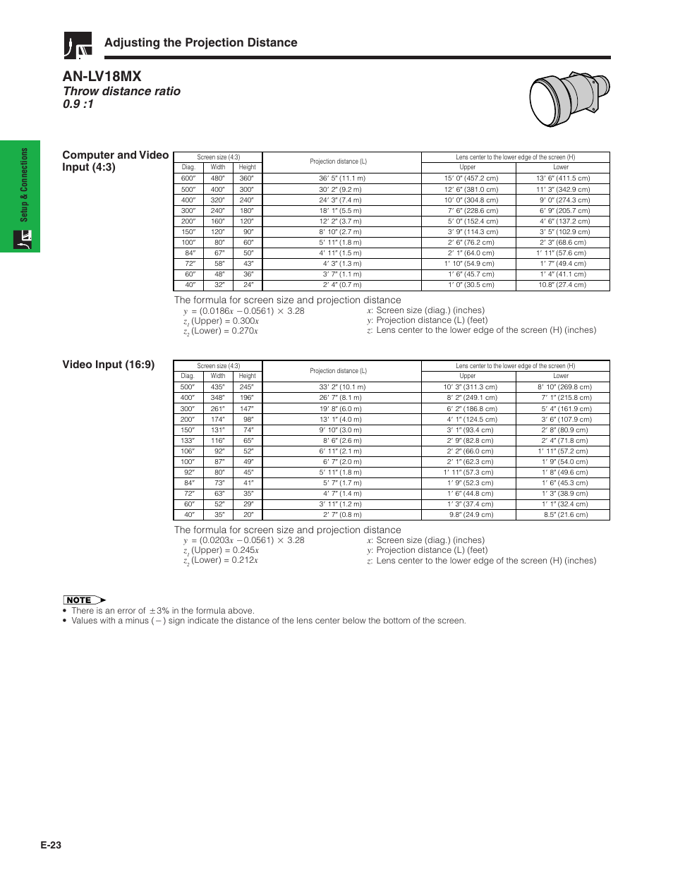 An-lv18mx, Adjusting the projection distance, Throw distance ratio 0.9 :1 | E-23 | Sharp XG-V10XU User Manual | Page 24 / 90