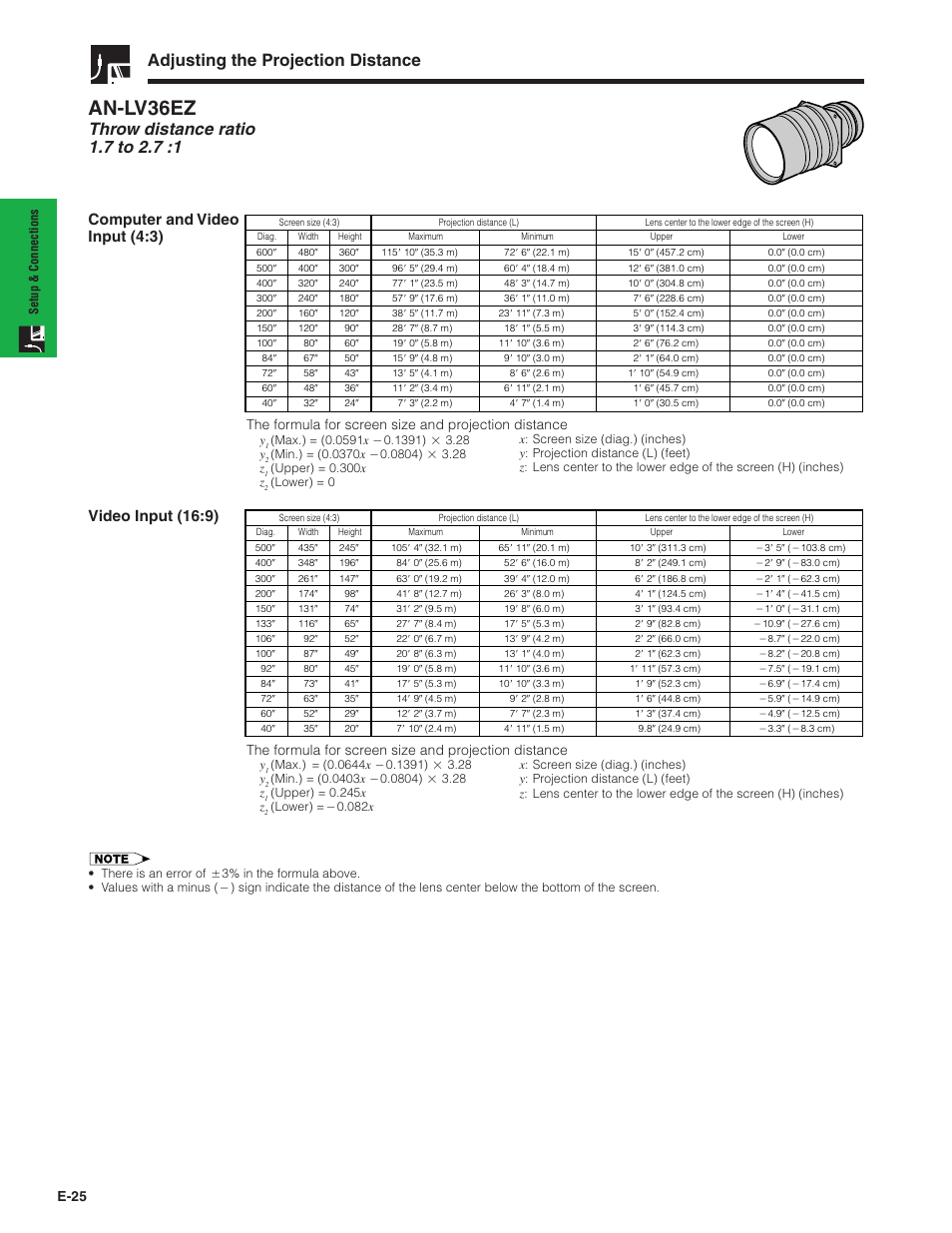 An-lv36ez, Adjusting the projection distance, E-25 | Sharp XG-V10XU User Manual | Page 26 / 90