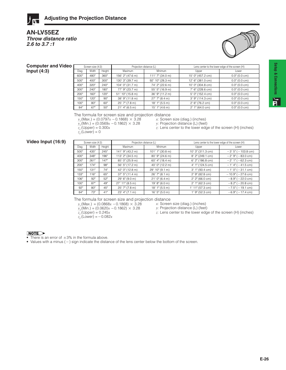 An-lv55ez, Adjusting the projection distance, Computer and video input (4:3) | Video input (16:9), E-26 | Sharp XG-V10XU User Manual | Page 27 / 90