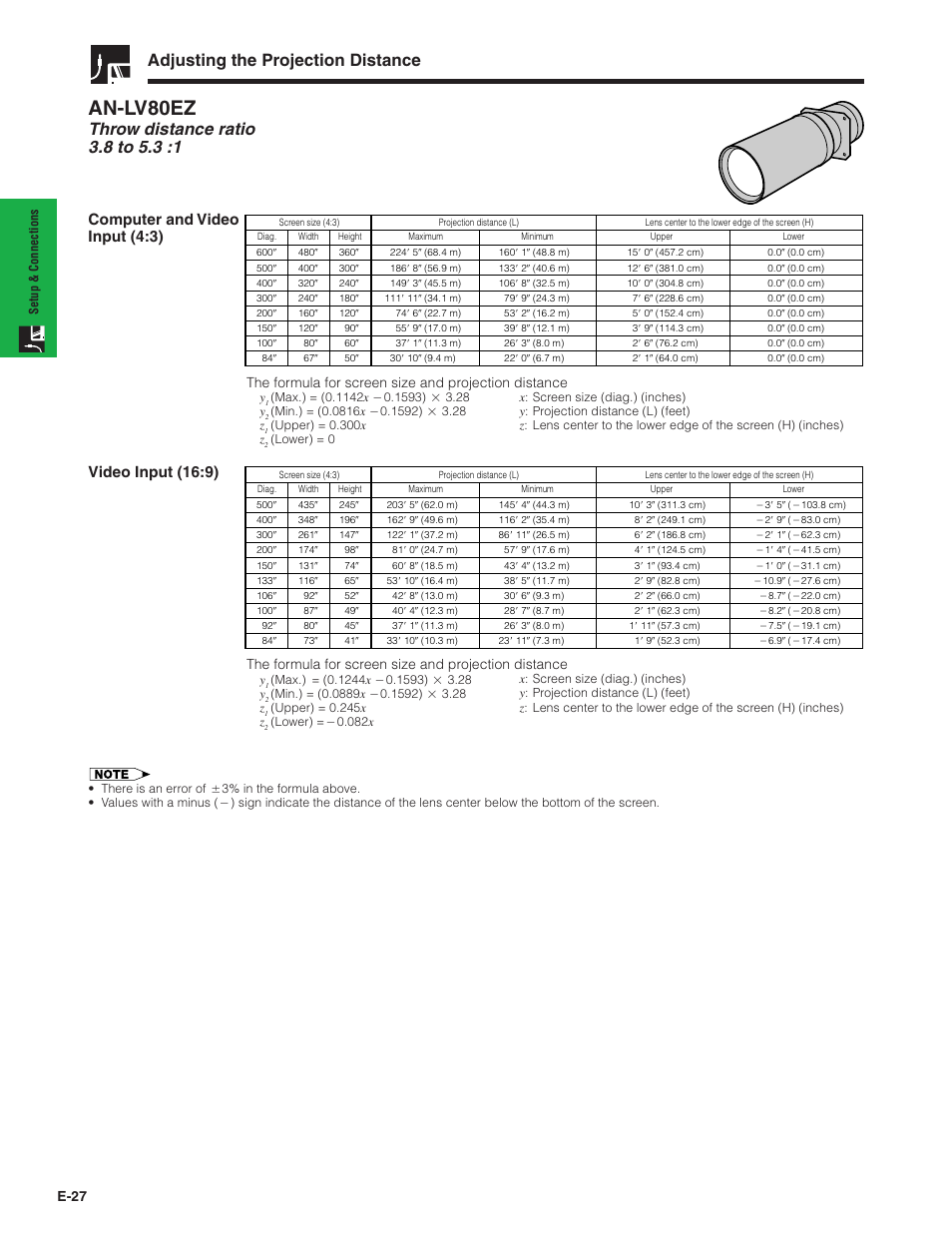 An-lv80ez, Adjusting the projection distance, Computer and video input (4:3) | Video input (16:9), E-27 | Sharp XG-V10XU User Manual | Page 28 / 90