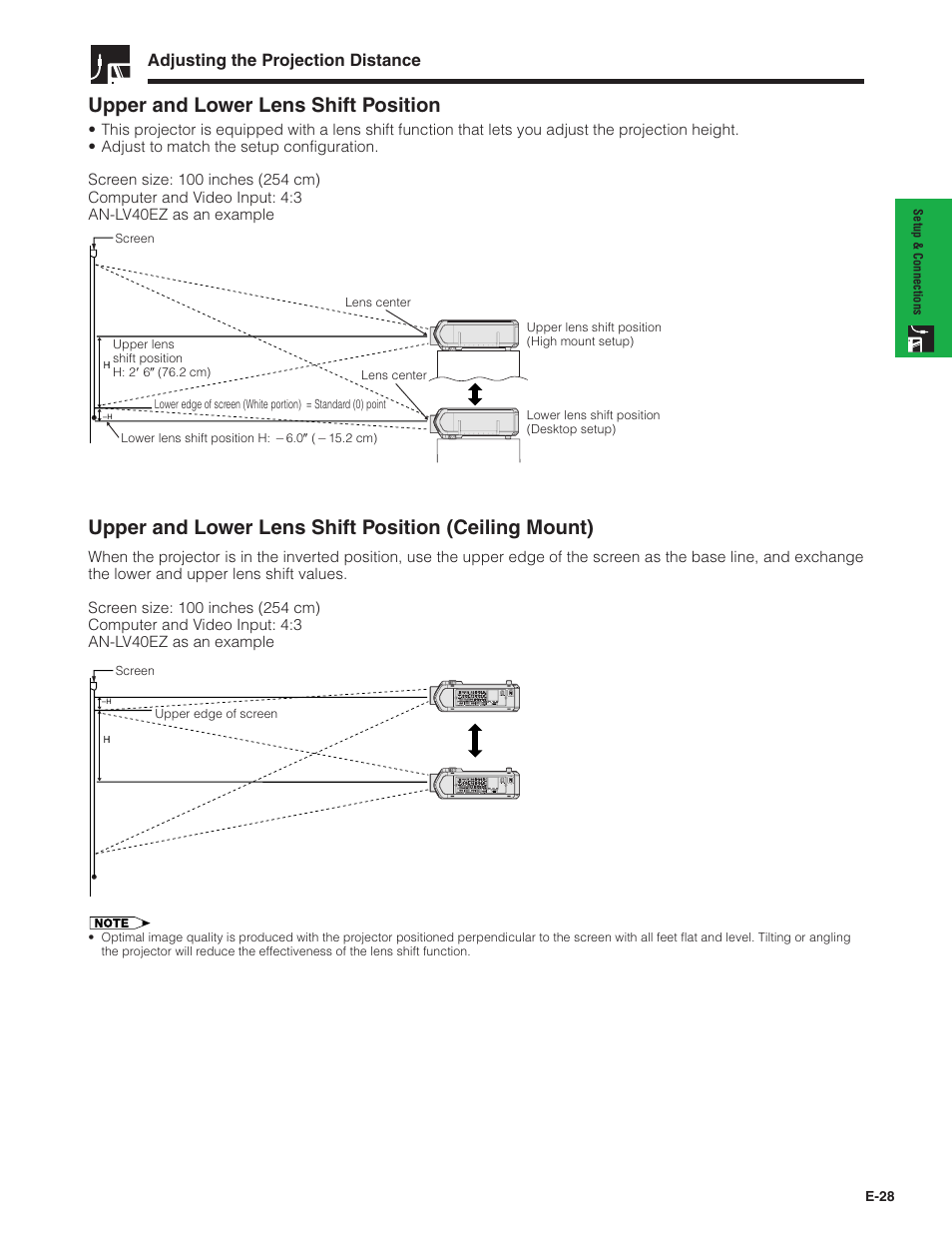 Upper and lower lens shift position, Adjusting the projection distance | Sharp XG-V10XU User Manual | Page 29 / 90