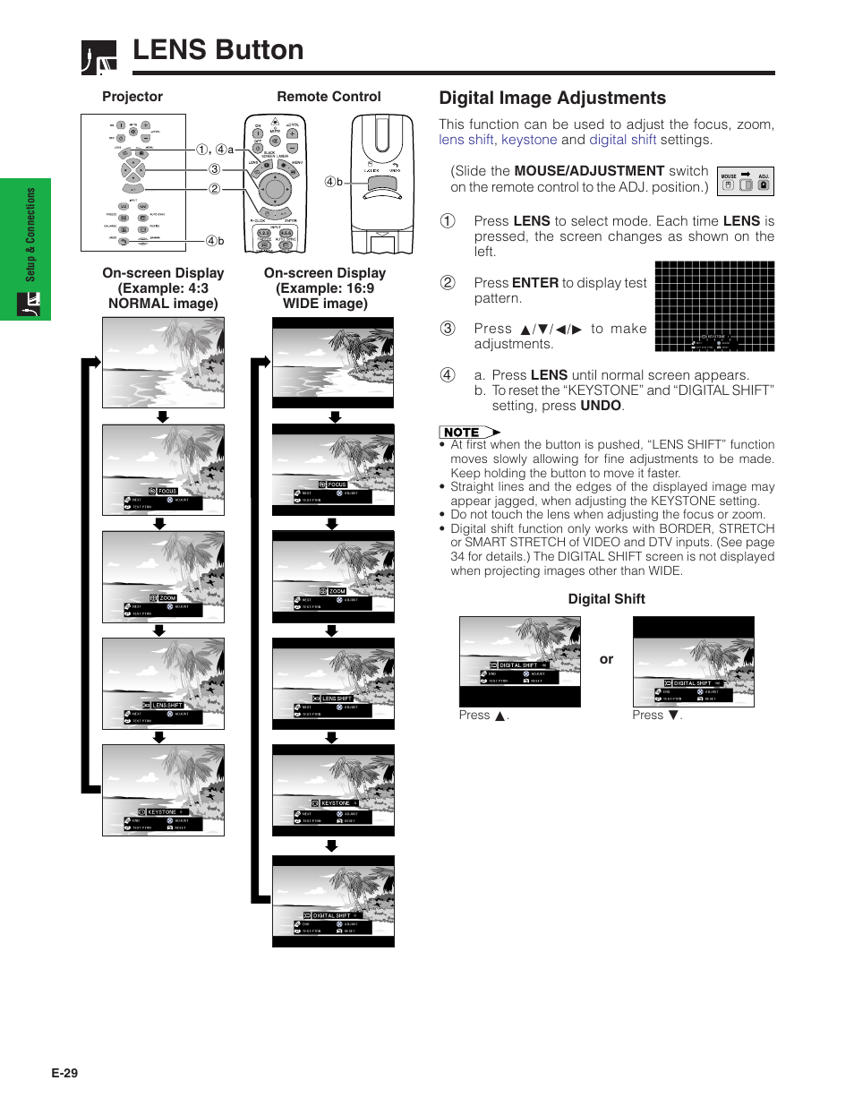 Lens button, Digital image adjustments | Sharp XG-V10XU User Manual | Page 30 / 90