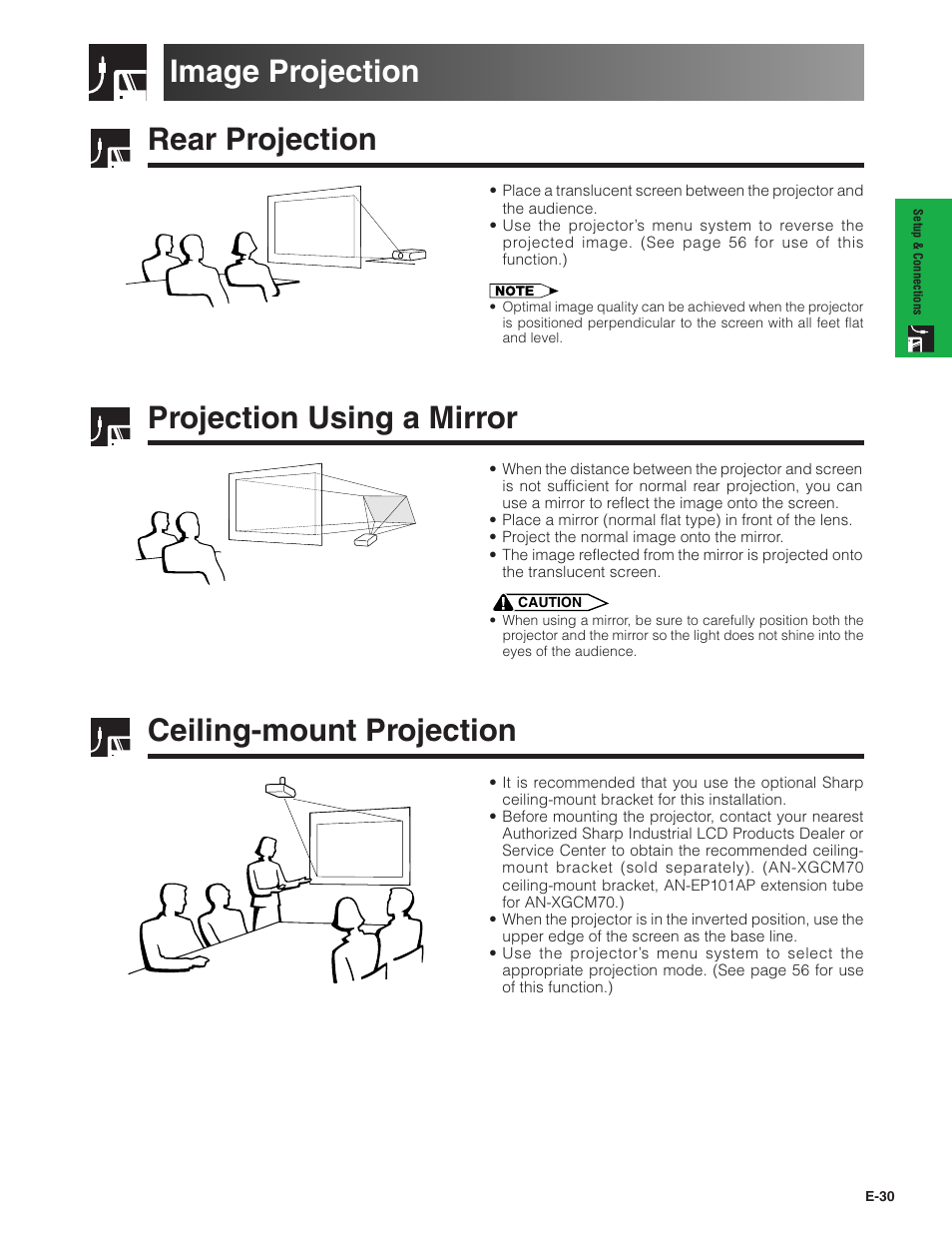 Image projection, Rear projection, Projection using a mirror | Ceiling-mount projection, Ceiling-mount projection image projection | Sharp XG-V10XU User Manual | Page 31 / 90