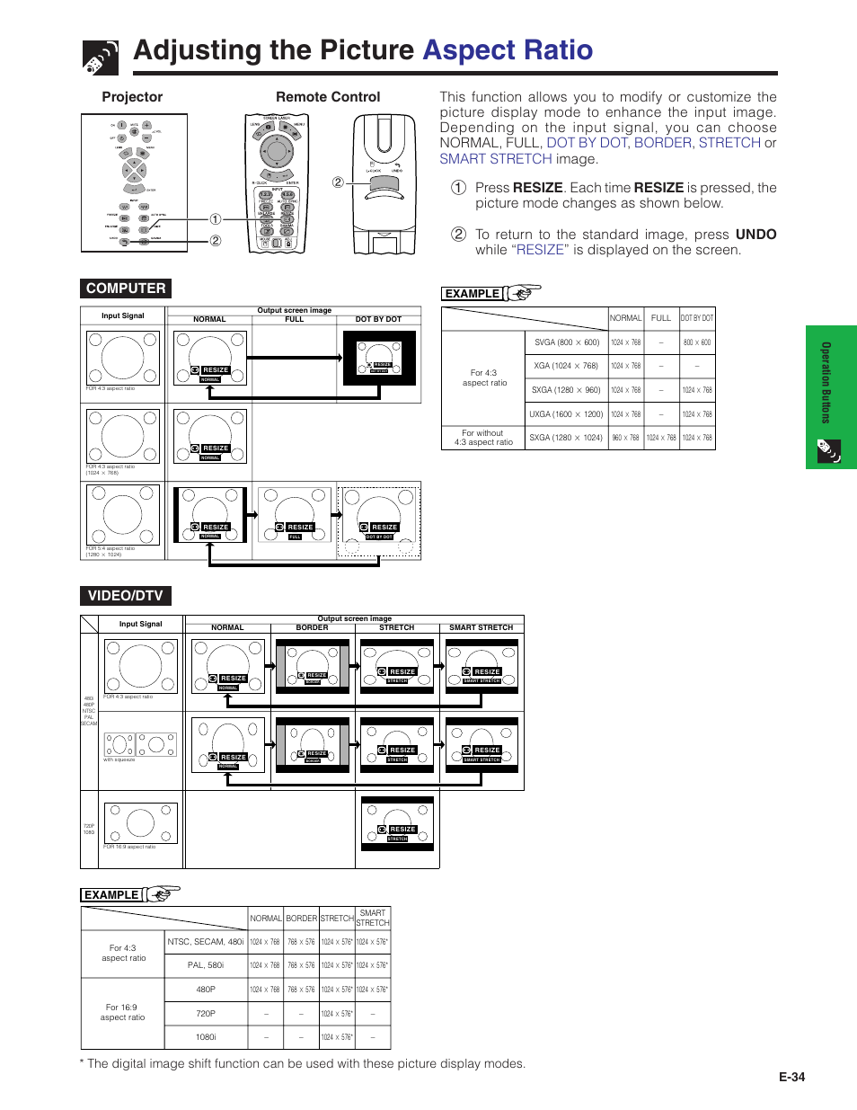 Adjusting the picture aspect ratio, Video/dtv, E-34 | Sharp XG-V10XU User Manual | Page 35 / 90