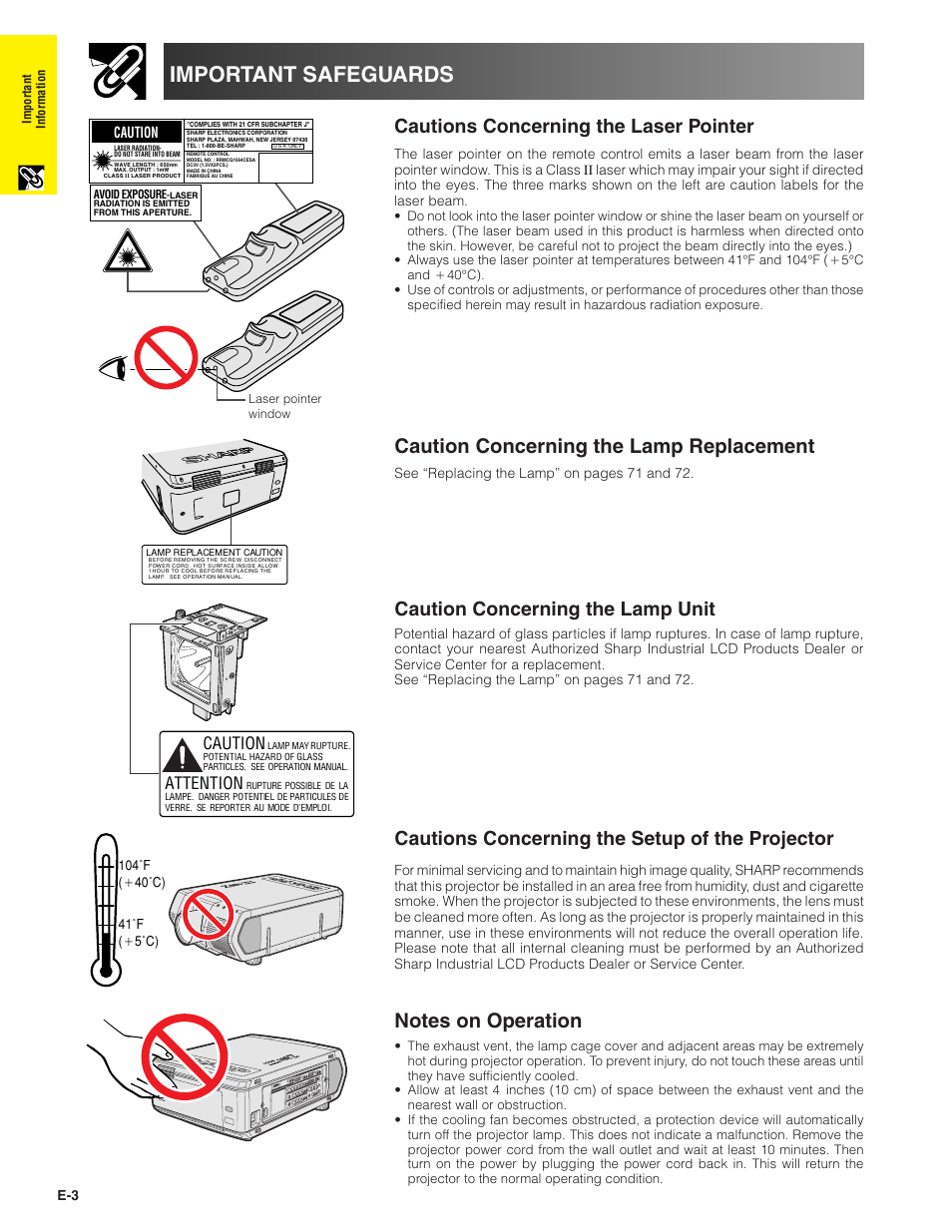 Important safeguards, Caution concerning the lamp replacement, Cautions concerning the laser pointer | Cautions concerning the setup of the projector, Caution concerning the lamp unit, Caution, Attention | Sharp XG-V10XU User Manual | Page 4 / 90