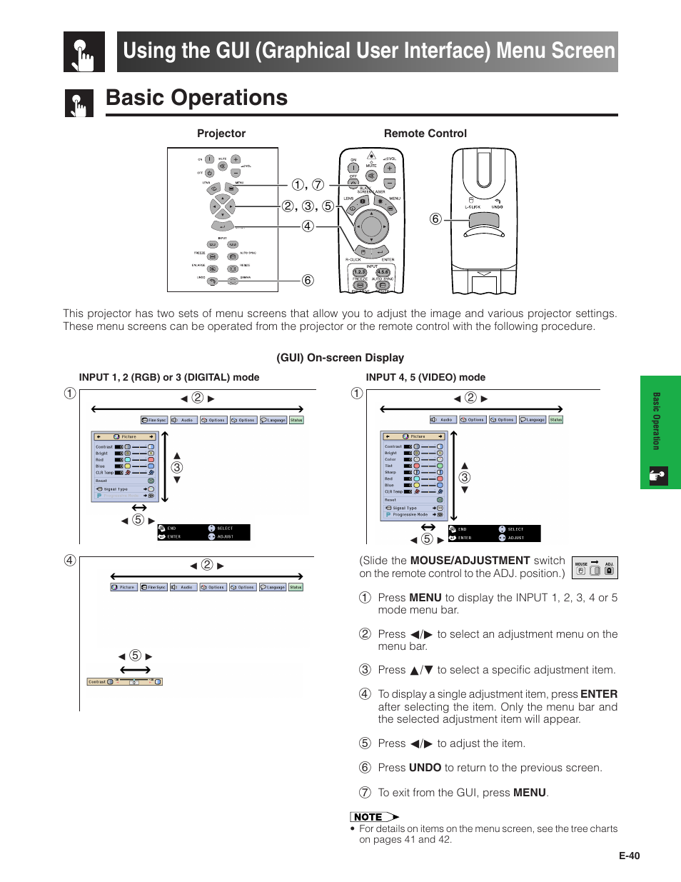 Basic operation, Basic operations, Using the gui (graphical user | Interface) menu screen | Sharp XG-V10XU User Manual | Page 41 / 90