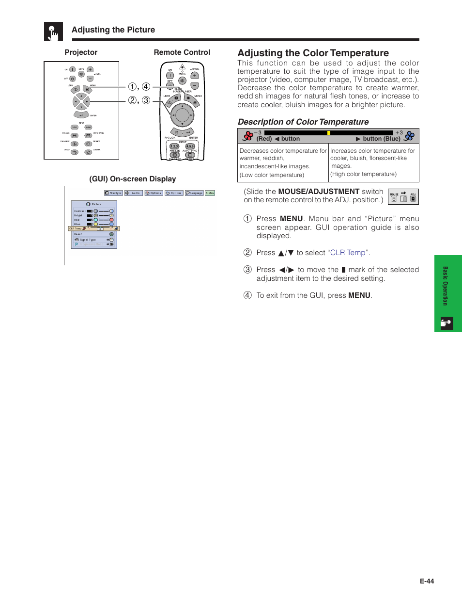 Adjusting the color temperature, Adjusting the picture, Description of color temperature | Sharp XG-V10XU User Manual | Page 45 / 90