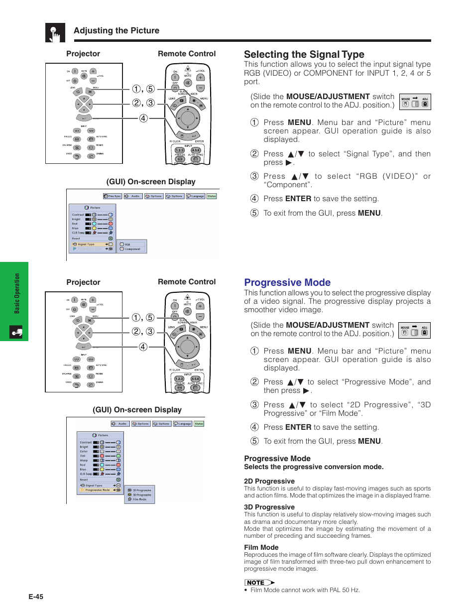 Selecting the signal type, Progressive mode, Adjusting the picture | Sharp XG-V10XU User Manual | Page 46 / 90