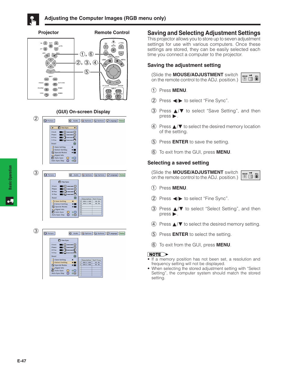 Saving and selecting adjustment settings | Sharp XG-V10XU User Manual | Page 48 / 90