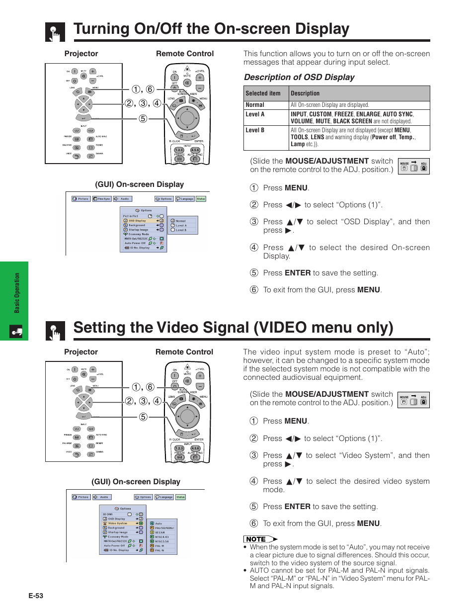 Turning on/off the on-screen display, Setting the video signal (video menu only), Video menu only) | Sharp XG-V10XU User Manual | Page 54 / 90