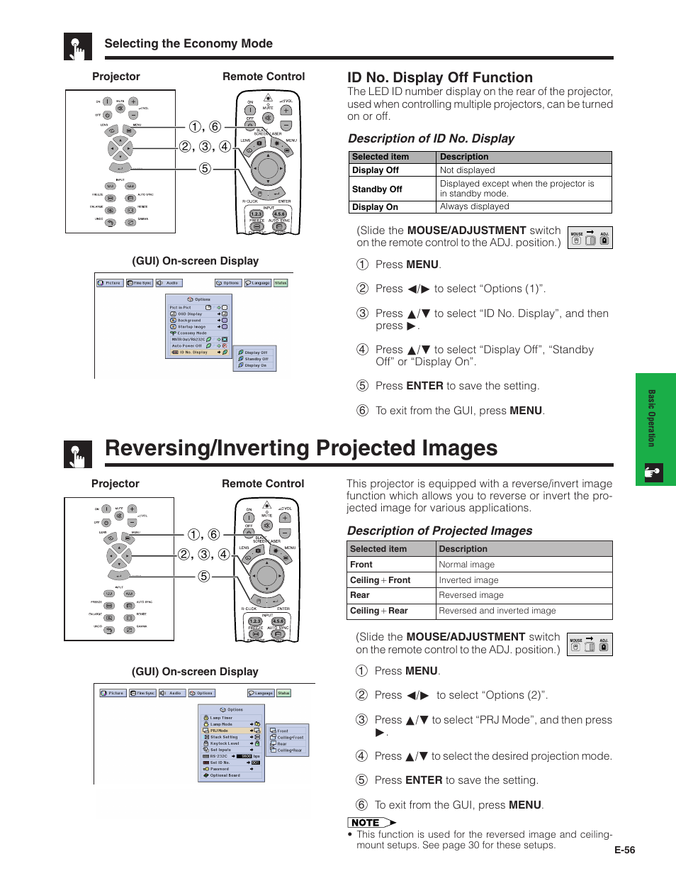 Reversing/inverting projected images, Id no. display off function, Selecting the economy mode | Description of id no. display, Description of projected images | Sharp XG-V10XU User Manual | Page 57 / 90