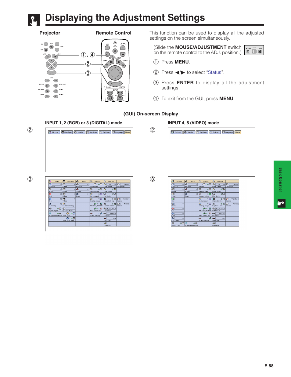 Displaying the adjustment settings | Sharp XG-V10XU User Manual | Page 59 / 90
