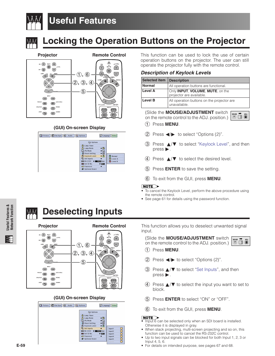 Useful features & network function, Useful features, Locking the operation buttons on the projector | Deselecting inputs, Network function, Locking the operation buttons, On the projector | Sharp XG-V10XU User Manual | Page 60 / 90