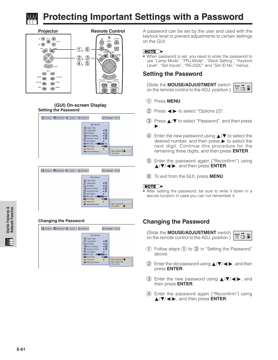 Protecting important settings with a password, Protecting important settings, With a password | Setting the password, Changing the password | Sharp XG-V10XU User Manual | Page 62 / 90