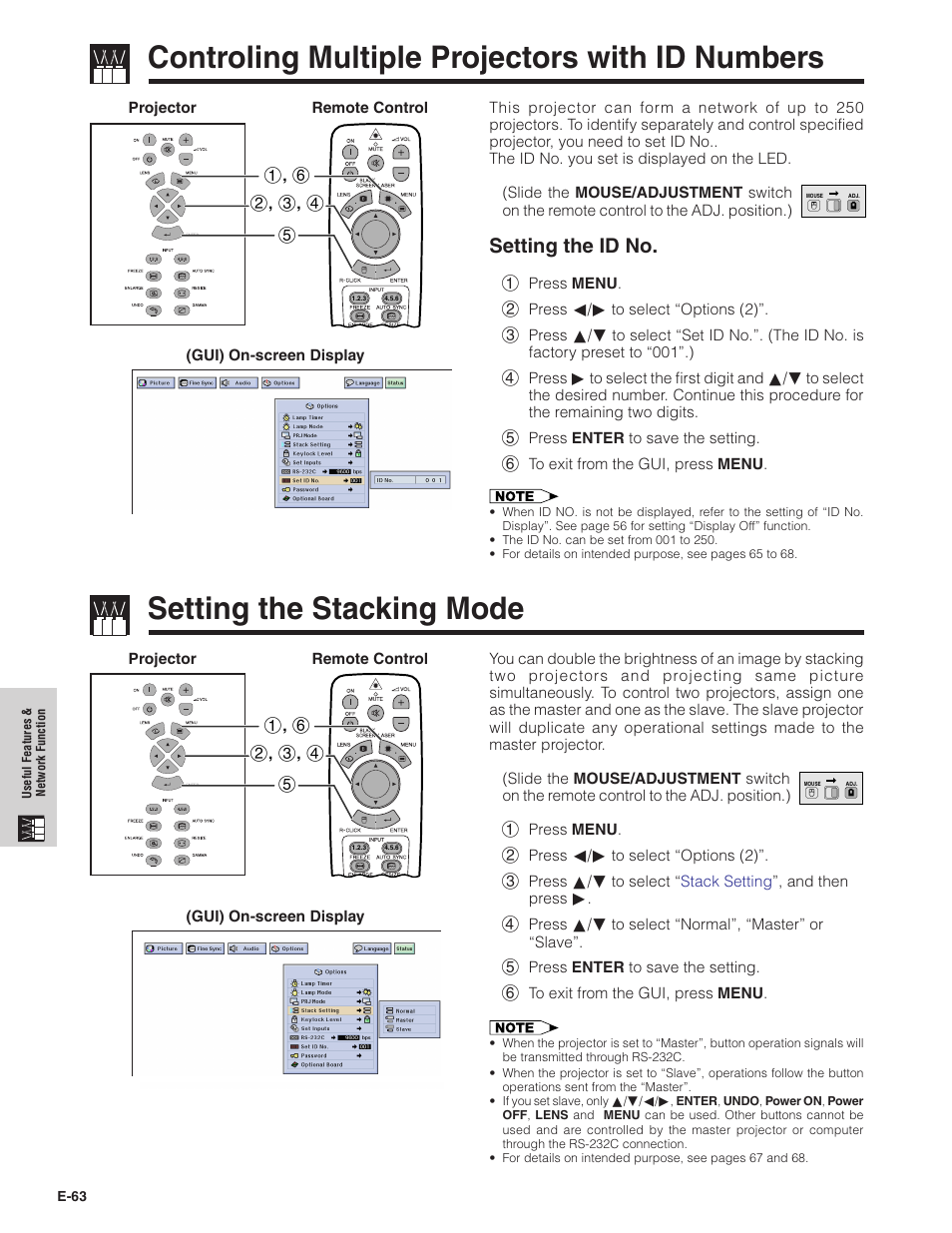 Controling multiple projectors with id numbers, Setting the stacking mode, Controling multiple projectors | With id numbers, Setting the id no | Sharp XG-V10XU User Manual | Page 64 / 90