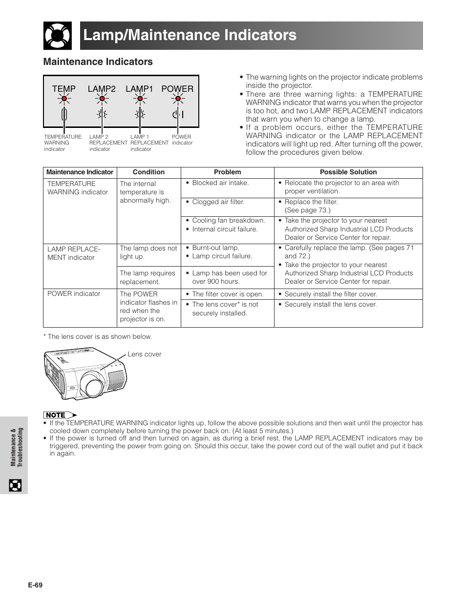 Maintenance & troubleshooting, Lamp/maintenance indicators, Maintenance | Oubleshooting, Maintenance indicators | Sharp XG-V10XU User Manual | Page 70 / 90