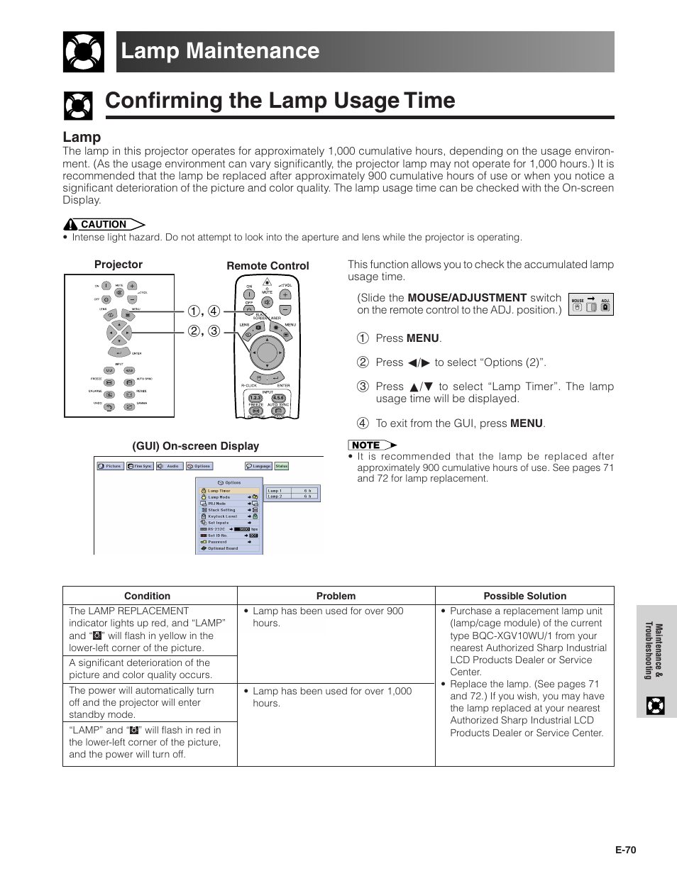 Lamp maintenance, Confirming the lamp usage time, Confirming the lamp usage time lamp maintenance | Lamp | Sharp XG-V10XU User Manual | Page 71 / 90