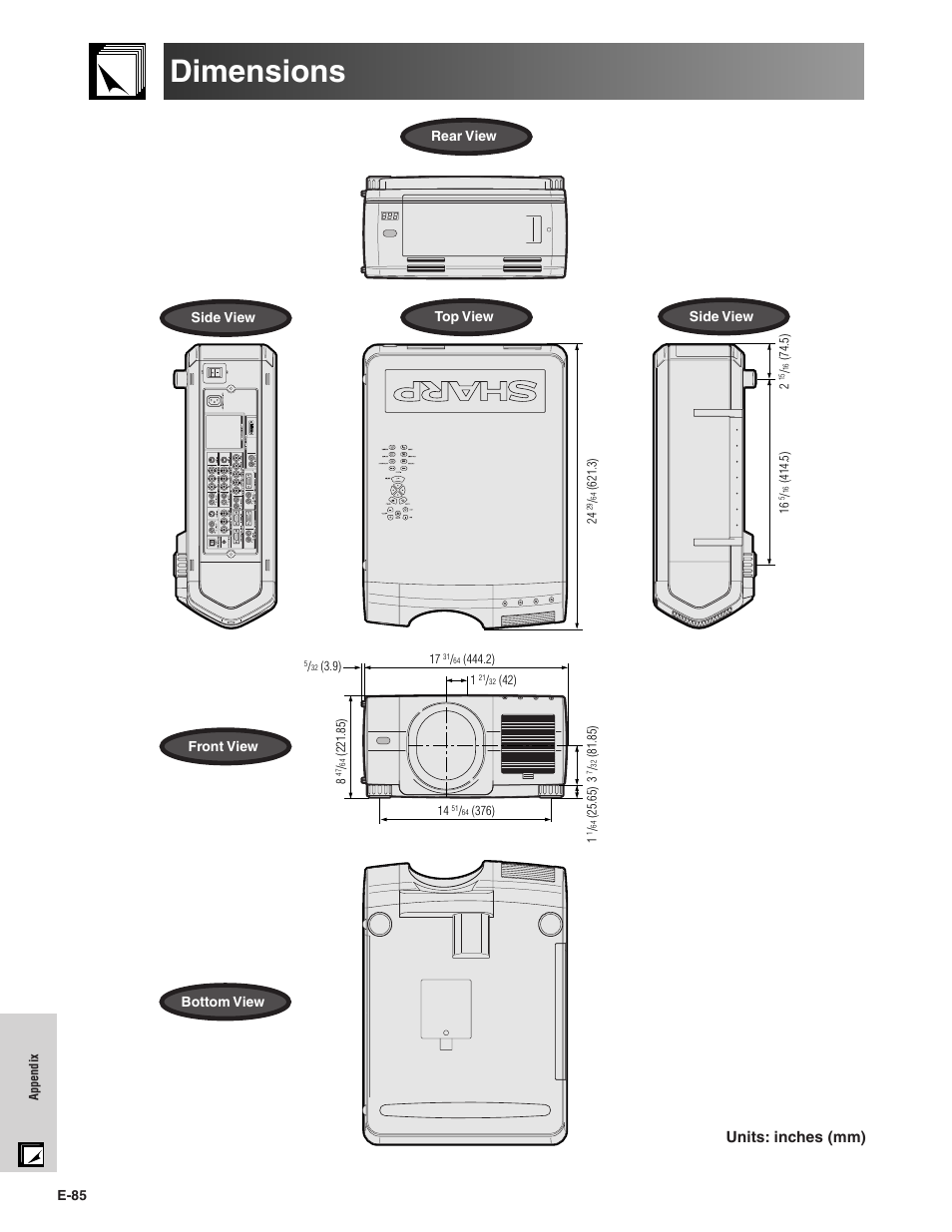 Dimensions, Units: inches (mm) | Sharp XG-V10XU User Manual | Page 86 / 90