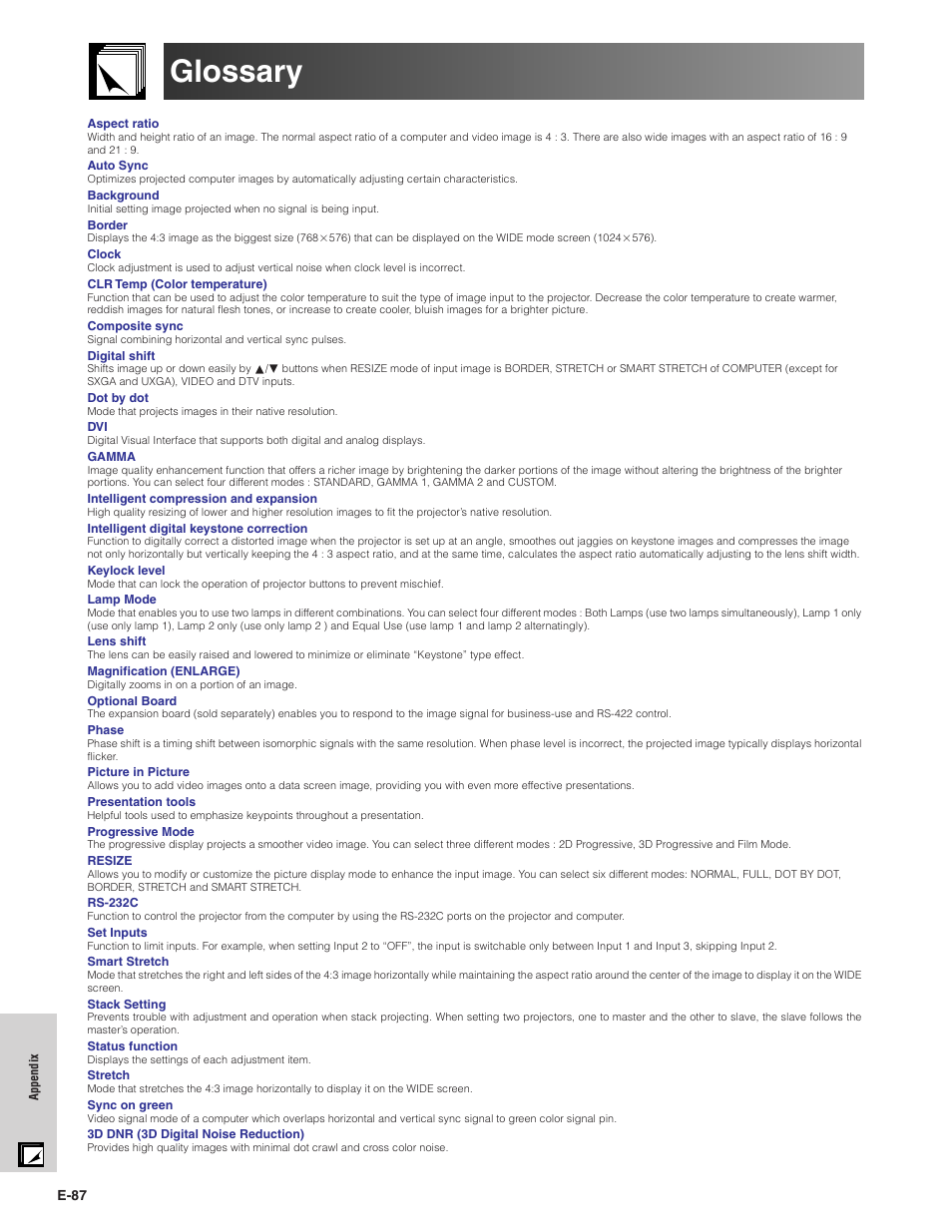 Glossary, Lens shift, Keystone | Digital shift, Settings, Adjusting the picture, Aspect ratio, Normal, full, Dot by dot, Border | Sharp XG-V10XU User Manual | Page 88 / 90