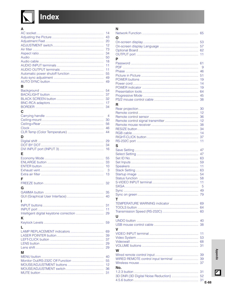 Index | Sharp XG-V10XU User Manual | Page 89 / 90