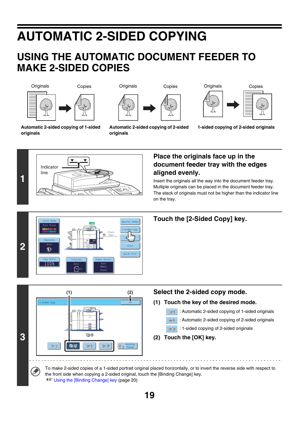 Automatic 2-sided copying, Using the automatic document, Feeder to make 2-sided copies | E 19), Touch the [2-sided copy] key, Select the 2-sided copy mode, 1) touch the key of the desired mode, 2) touch the [ok] key | Sharp MX-7001 User Manual | Page 100 / 710