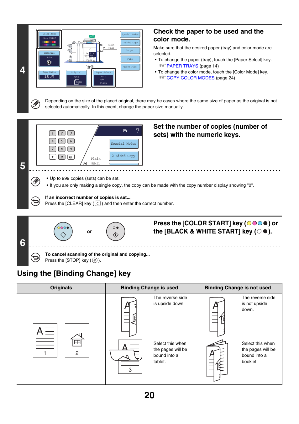 Using the [binding change] key, Check the paper to be used and the color mode | Sharp MX-7001 User Manual | Page 101 / 710