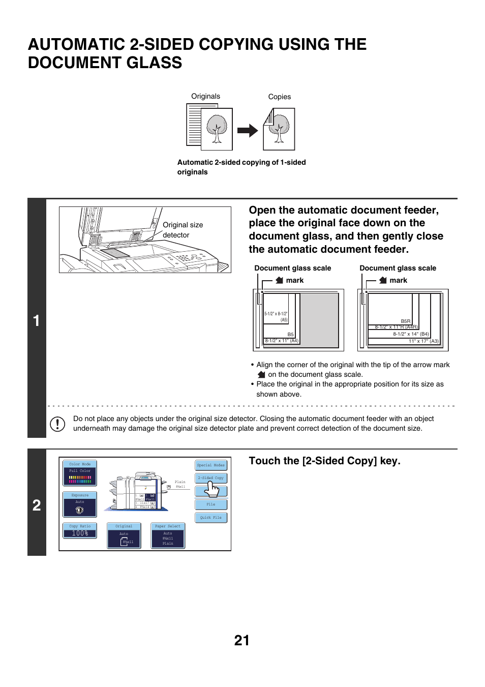 Automatic 2-sided copying using the, Document glass, Automatic 2-sided copying using the document glass | Touch the [2-sided copy] key | Sharp MX-7001 User Manual | Page 102 / 710