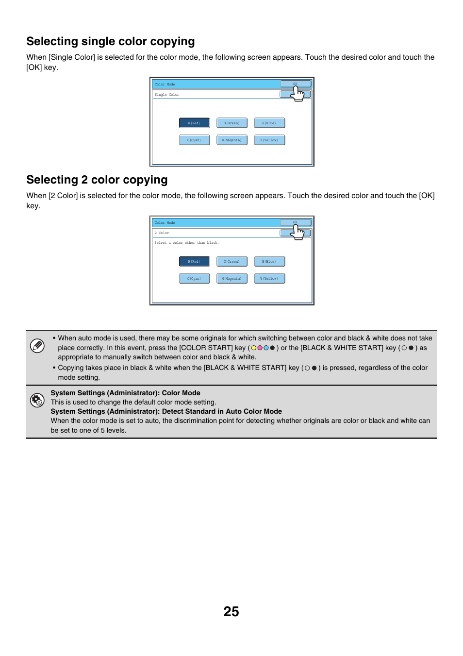 Selecting single color copying, Selecting 2 color copying | Sharp MX-7001 User Manual | Page 106 / 710
