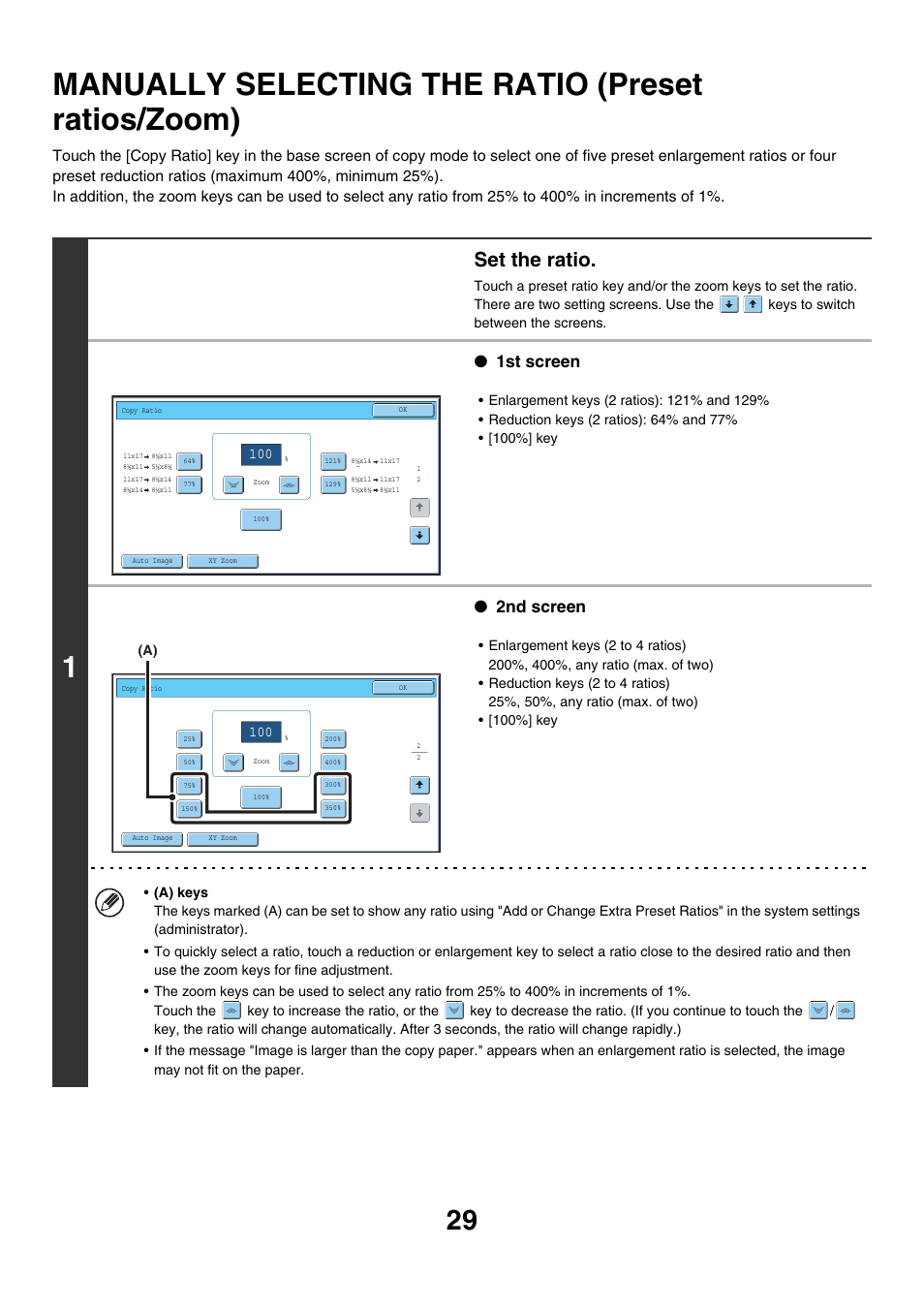 Manually selecting the ratio (preset, Ratios/zoom), Manually selecting the ratio (preset ratios/zoom) | Set the ratio, 1st screen, 2nd screen | Sharp MX-7001 User Manual | Page 110 / 710