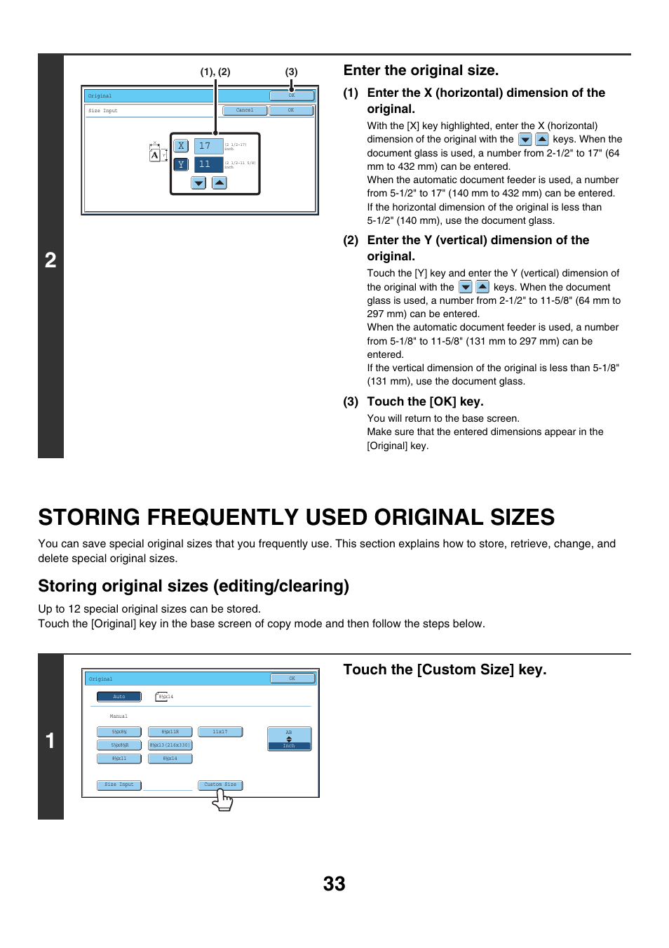 Storing frequently used original, Sizes, Storing frequently used original sizes | Storing original sizes (editing/clearing), Enter the original size, Touch the [custom size] key, 3) touch the [ok] key | Sharp MX-7001 User Manual | Page 114 / 710