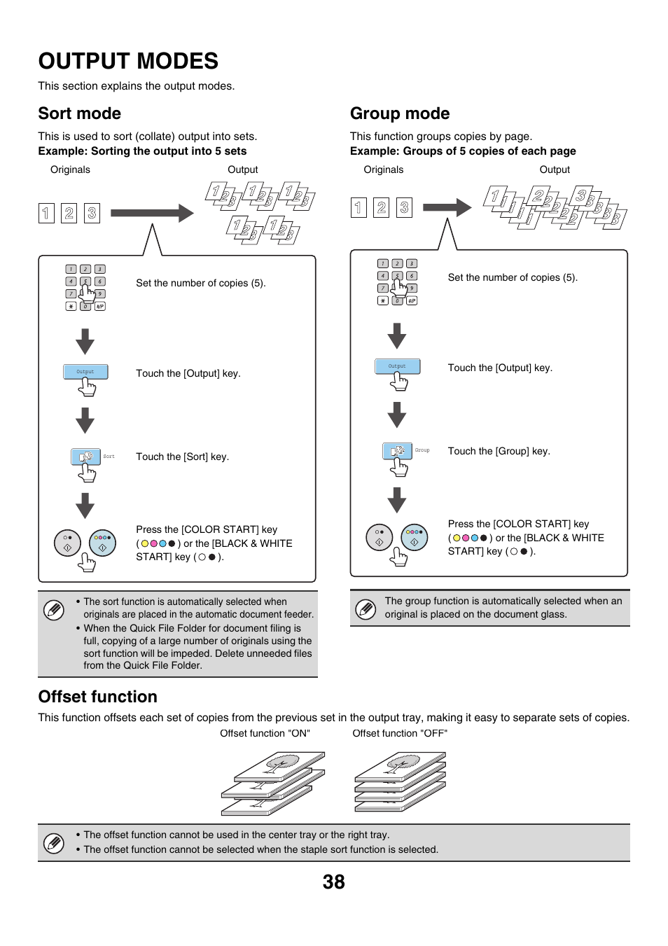 Output modes, Sort mode, Group mode | Offset function, E 38 | Sharp MX-7001 User Manual | Page 119 / 710