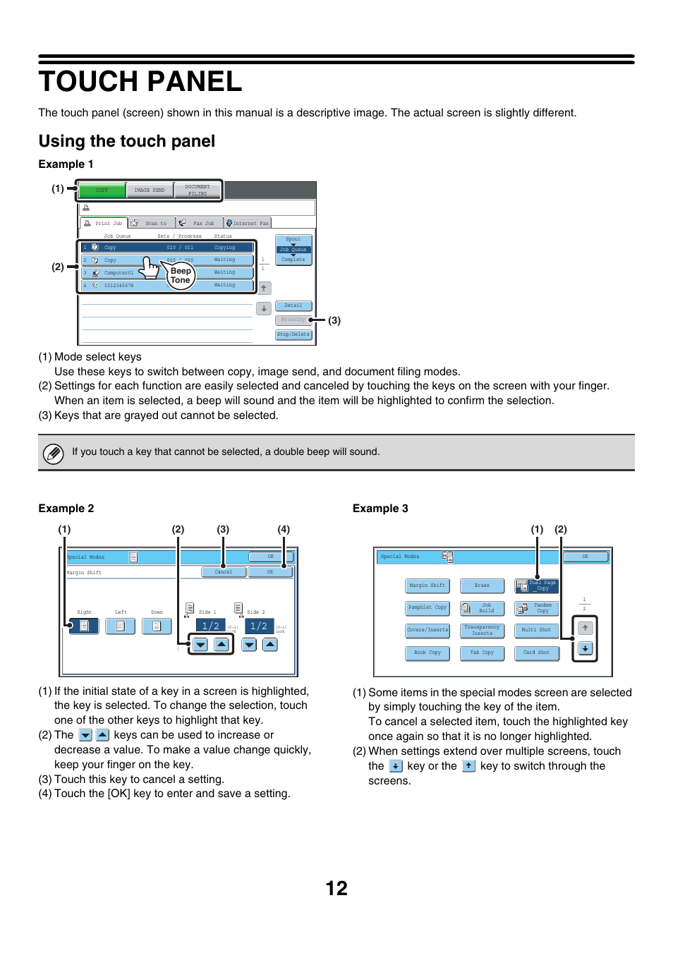 Touch panel, Ge 12), Using the touch panel | Sharp MX-7001 User Manual | Page 12 / 710