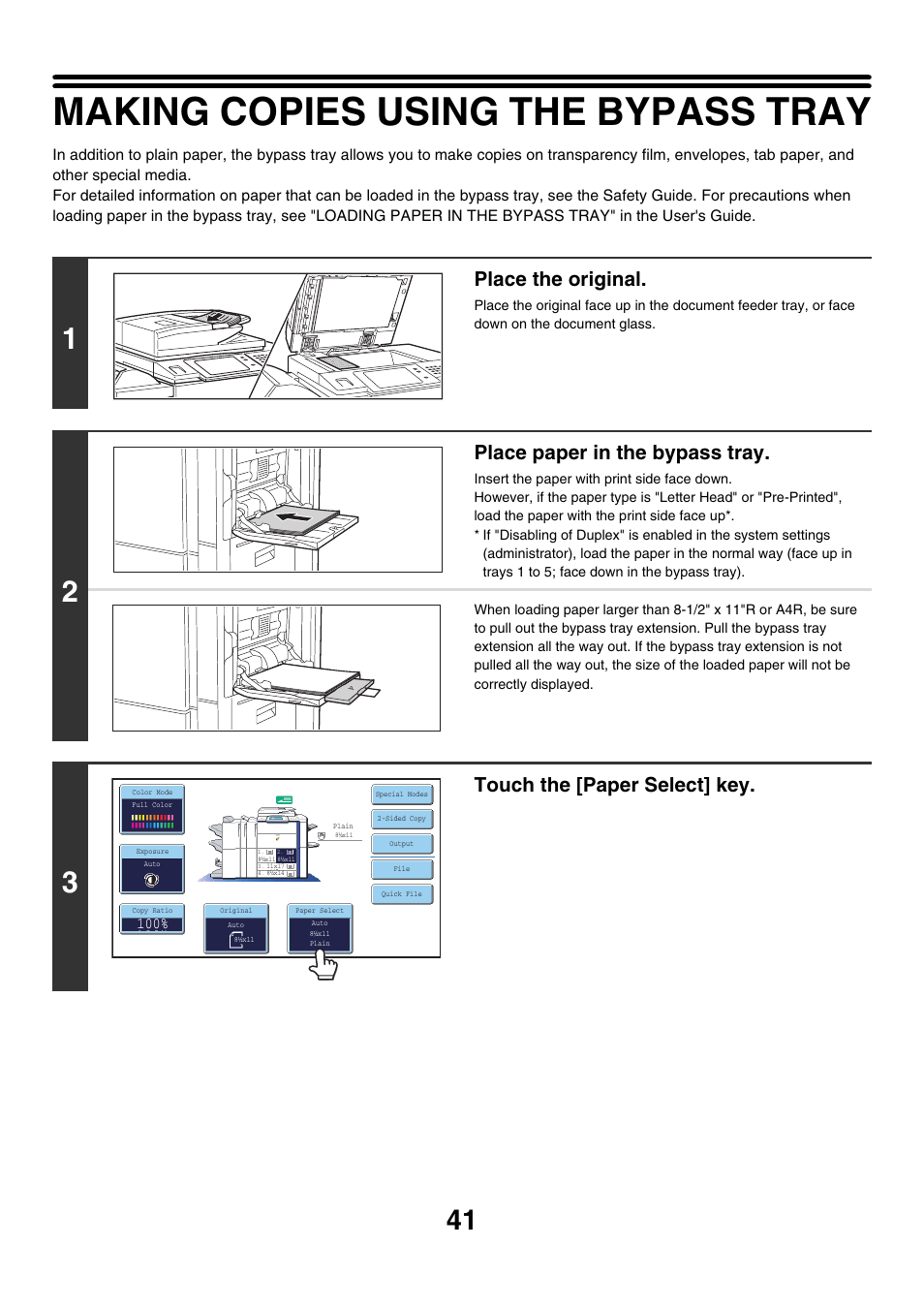 Making copies using the bypass tray, Place the original, Place paper in the bypass tray | Touch the [paper select] key | Sharp MX-7001 User Manual | Page 122 / 710